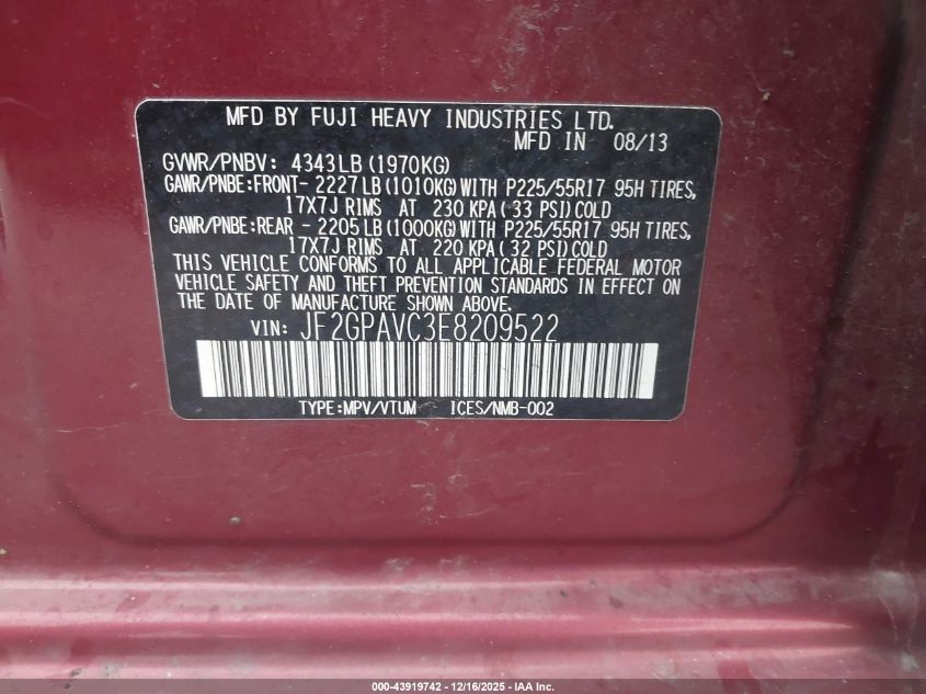 2014 Subaru Xv Crosstrek 2.0I Premium VIN: JF2GPAVC3E8209522 Lot: 43919742