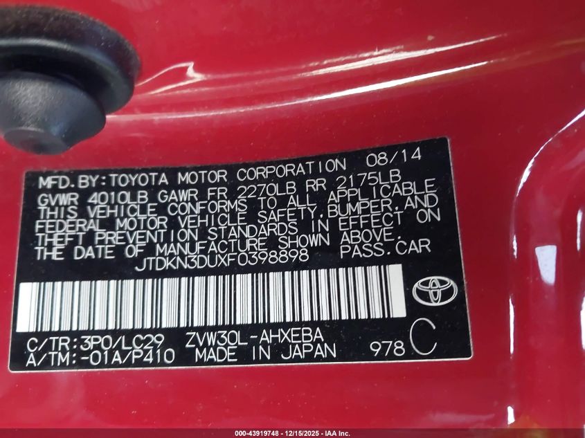 2015 Toyota Prius Persona Series Special Edition VIN: JTDKN3DUXF0398898 Lot: 43919748