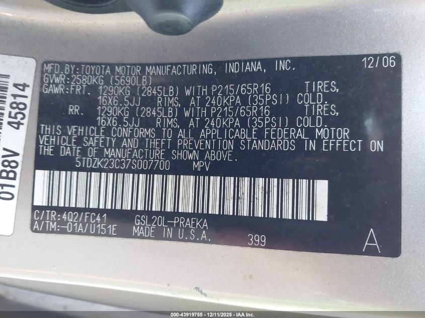 2007 Toyota Sienna Le VIN: 5TDZK23C37S007700 Lot: 43919755