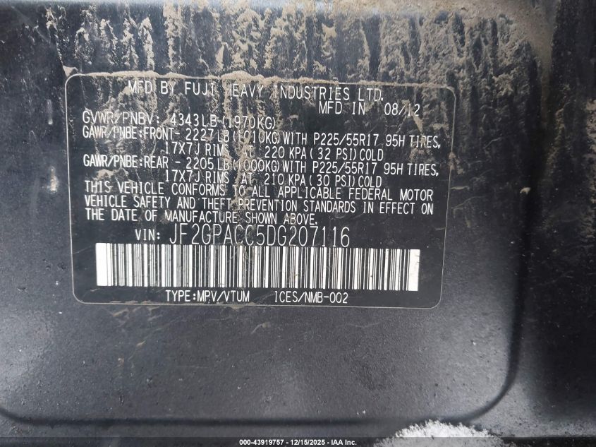 2013 Subaru Xv Crosstrek 2.0I Premium VIN: JF2GPACC5DG207116 Lot: 43919757