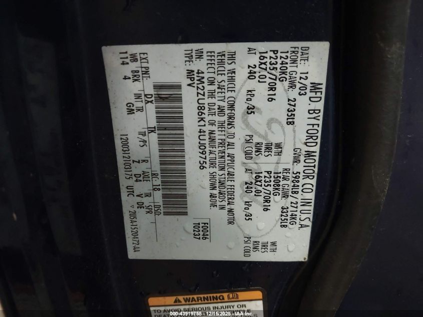 2004 Mercury Mountaineer VIN: 4M2ZU86K14UJ09756 Lot: 43919758