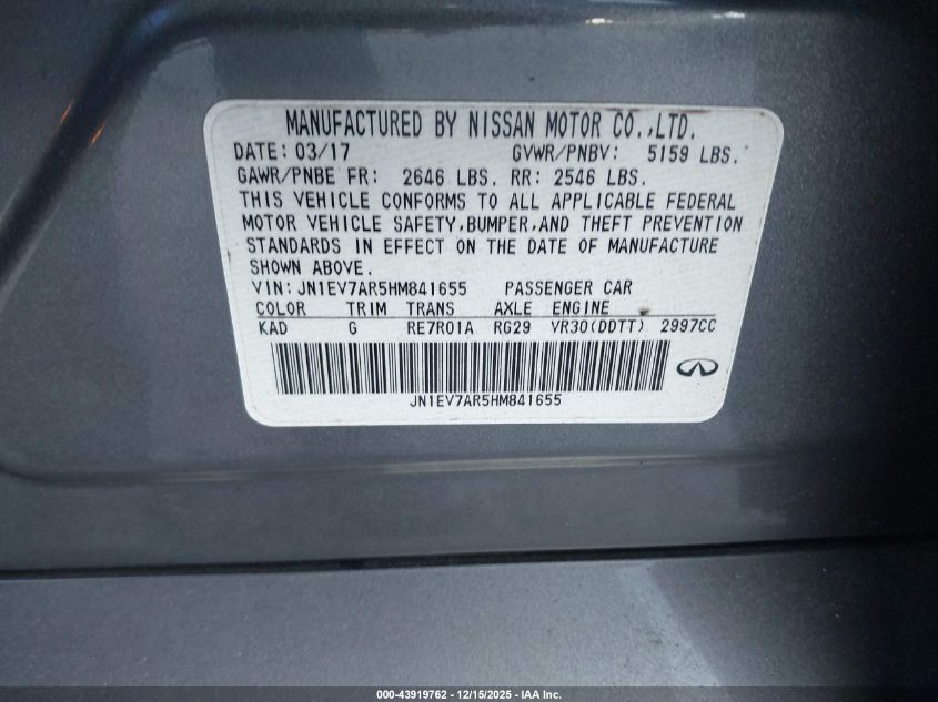 2017 Infiniti Q50 3.0T Signature Edition VIN: JN1EV7AR5HM841655 Lot: 43919762