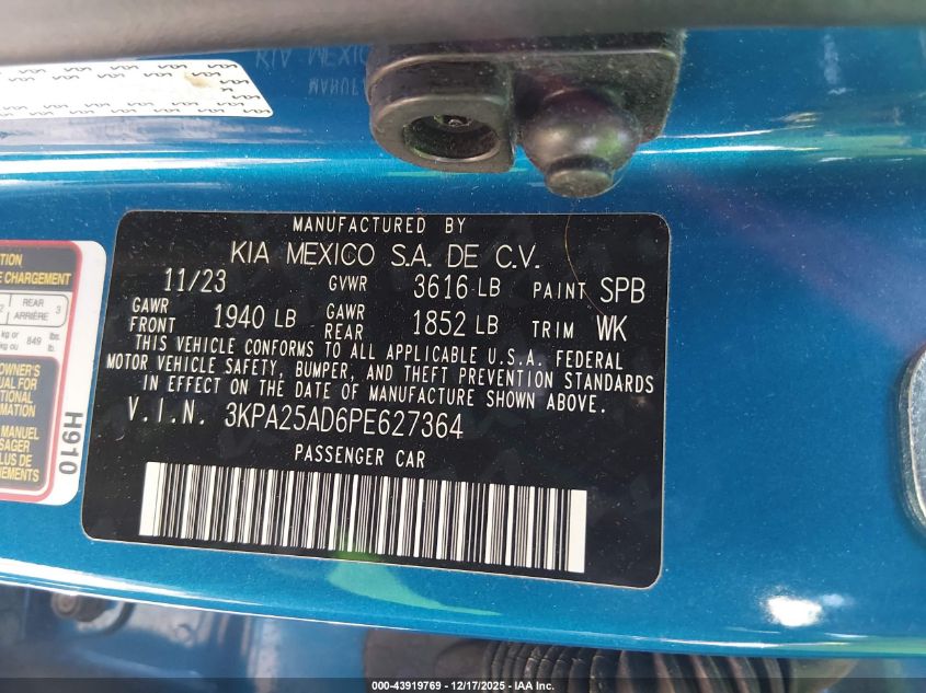 2023 Kia Rio 5-Door S VIN: 3KPA25AD6PE627364 Lot: 43919769