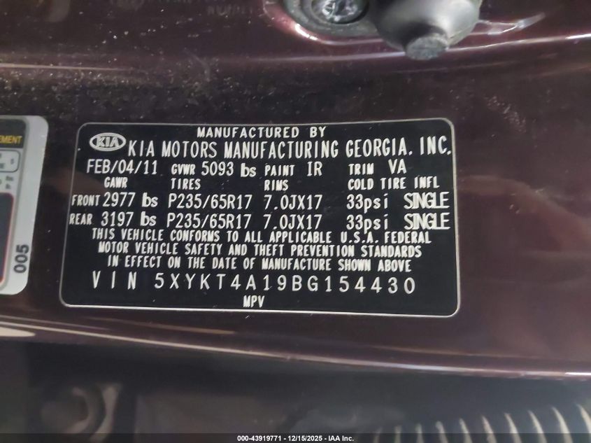 2011 Kia Sorento Lx VIN: 5XYKT4A19BG154430 Lot: 43919771