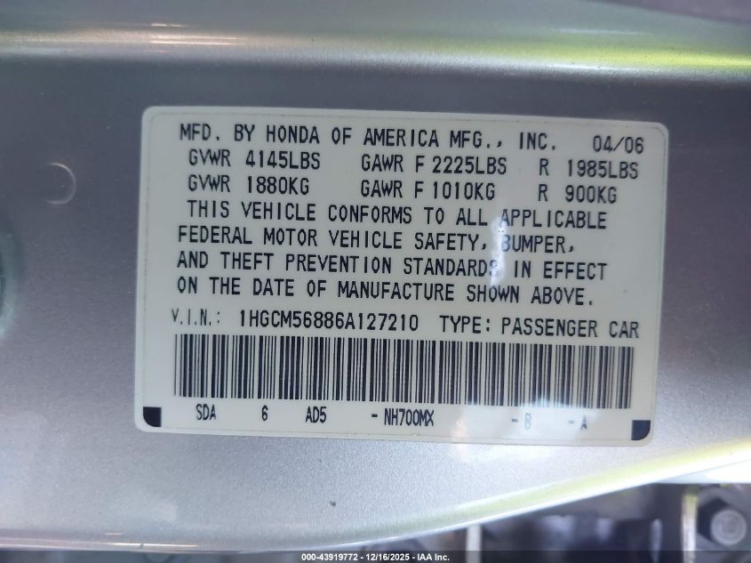2006 Honda Accord 2.4 Ex VIN: 1HGCM56886A127210 Lot: 43919772