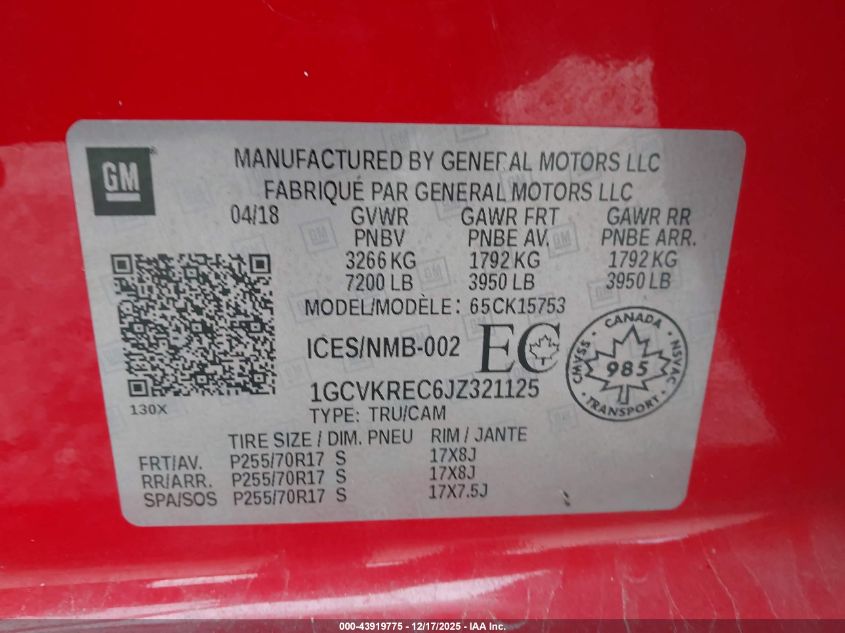 2018 Chevrolet Silverado 1500 1Lt/2Lt VIN: 1GCVKREC6JZ321125 Lot: 43919775