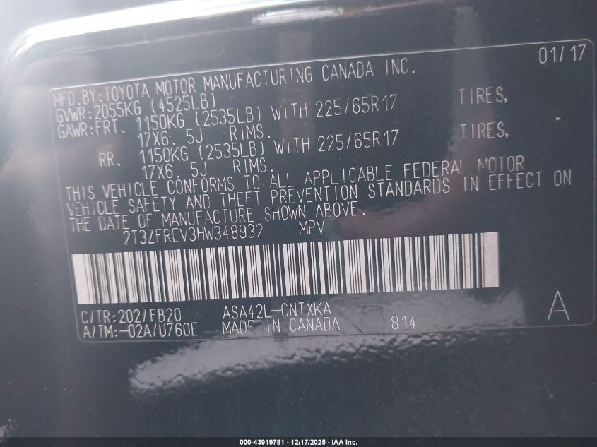 2017 Toyota Rav4 Le VIN: 2T3ZFREV3HW348932 Lot: 43919781