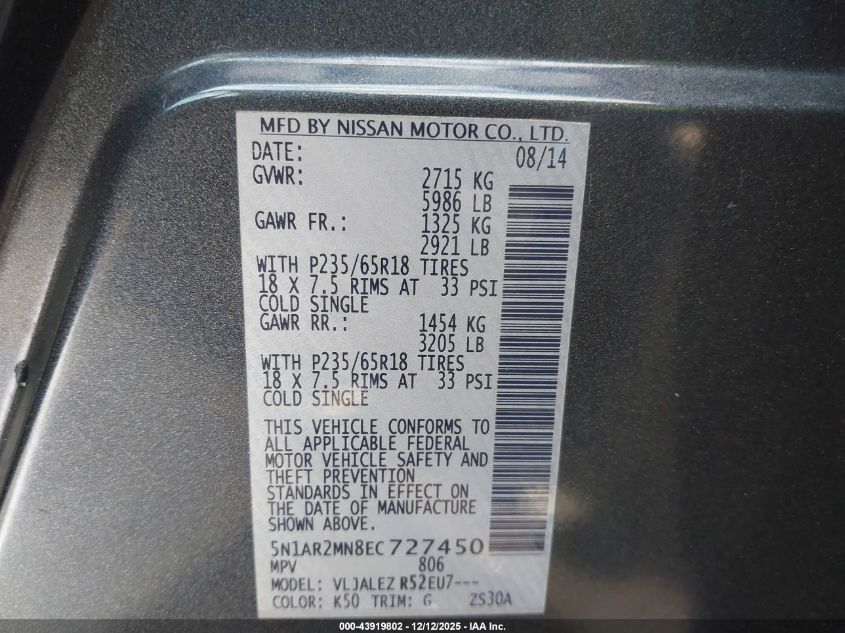 2014 Nissan Pathfinder Sv VIN: 5N1AR2MN8EC727450 Lot: 43919802