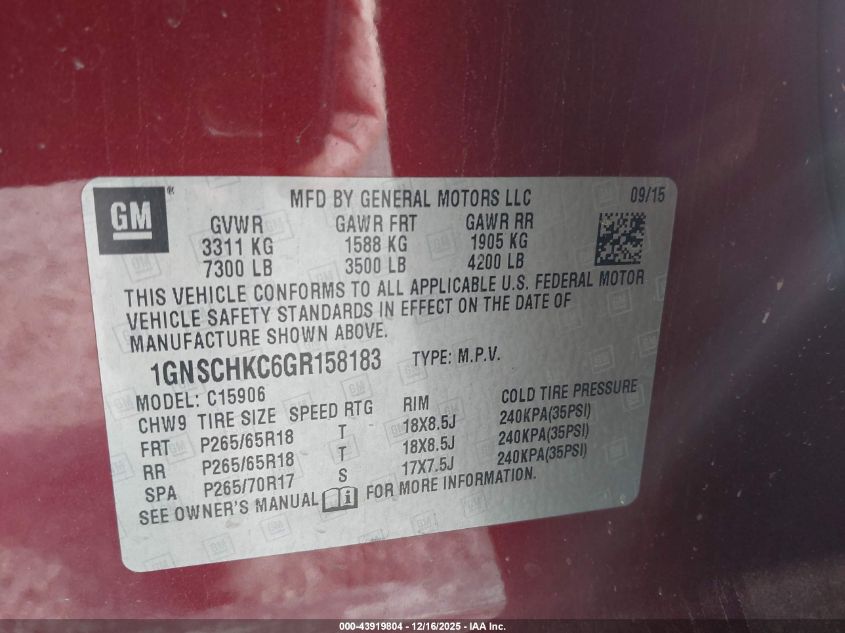 2016 Chevrolet Suburban Lt VIN: 1GNSCHKC6GR158183 Lot: 43919804