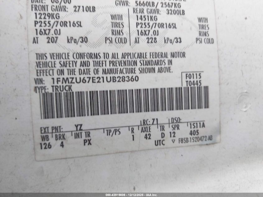 2001 Ford Explorer Sport Trac VIN: 1FMZU67E21UB28360 Lot: 43919806