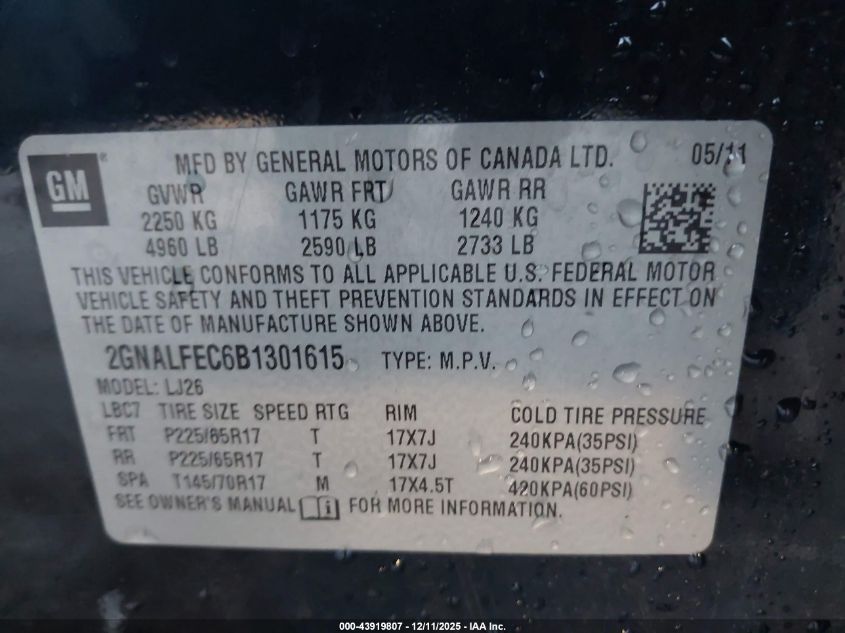 2011 Chevrolet Equinox Ltz VIN: 2GNALFEC6B1301615 Lot: 43919807