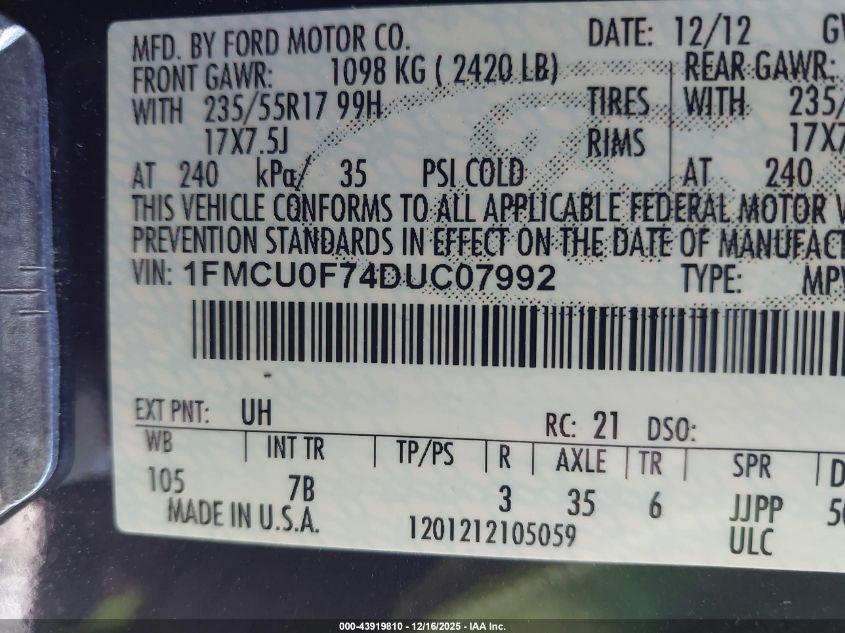 2013 Ford Escape S VIN: 1FMCU0F74DUC07992 Lot: 43919810