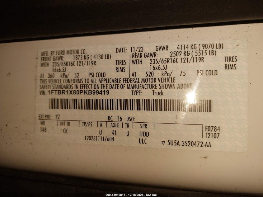 2023 Ford Transit-250 VIN: 1FTBR1X80PKB99419 Lot: 43919815