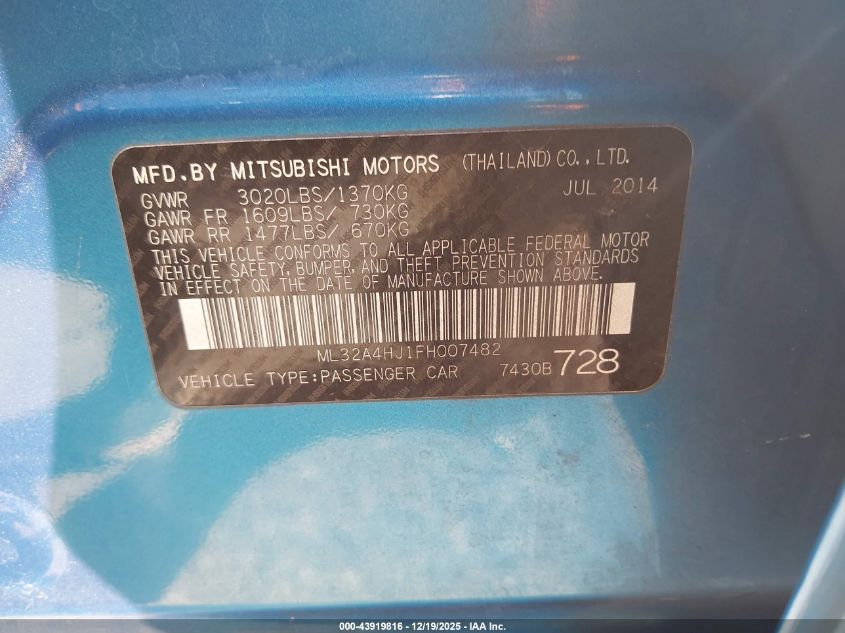 2015 Mitsubishi Mirage Es VIN: ML32A4HJ1FH007482 Lot: 43919816