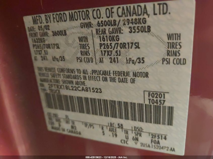 2002 Ford F-150 Lariat/Xl/Xlt VIN: 2FTRX18L22CA81523 Lot: 43919823