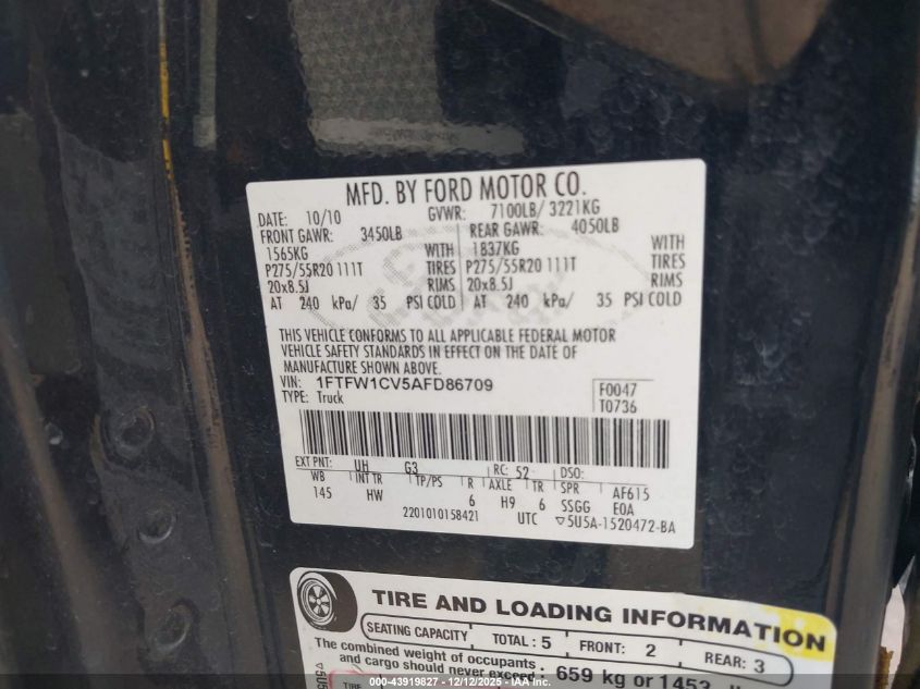 2010 Ford F-150 Fx2 Sport/Harley-Davidson/King Ranch/Lariat/Platinum/Xl/Xlt VIN: 1FTFW1CV5AFD86709 Lot: 43919827