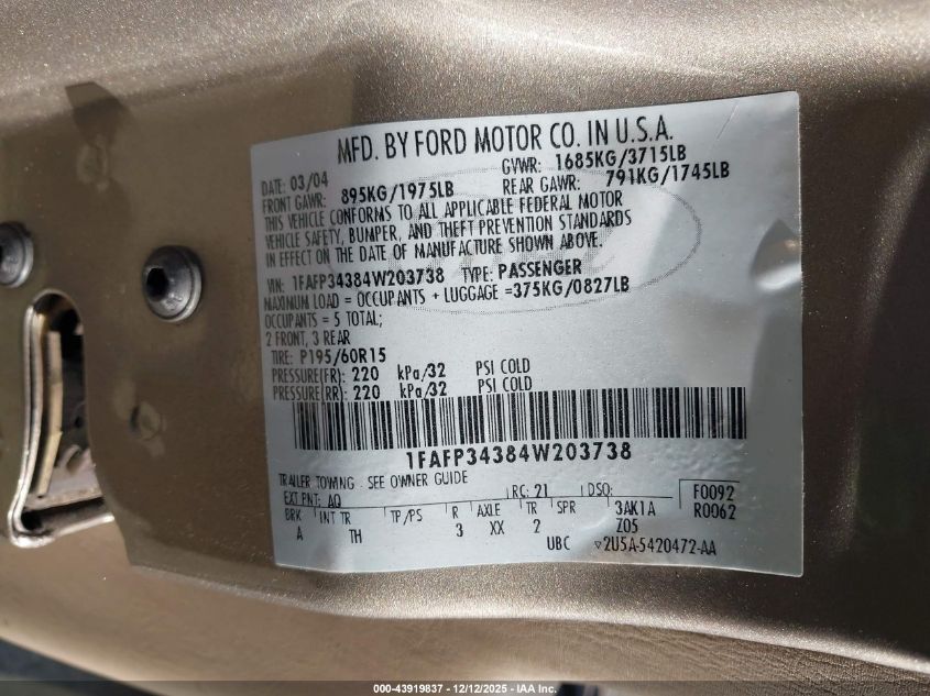 2004 Ford Focus Se VIN: 1FAFP34384W203738 Lot: 43919837