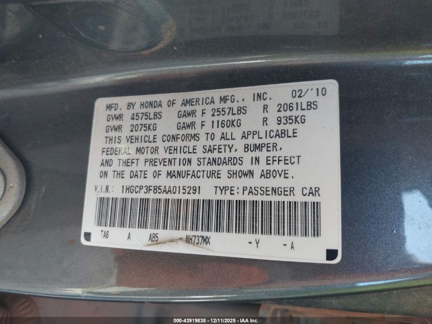 2010 Honda Accord 3.5 Ex-L VIN: 1HGCP3F85AA015291 Lot: 43919838