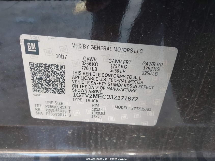 2018 GMC Sierra 1500 Sle VIN: 1GTV2MEC3JZ171672 Lot: 43919839