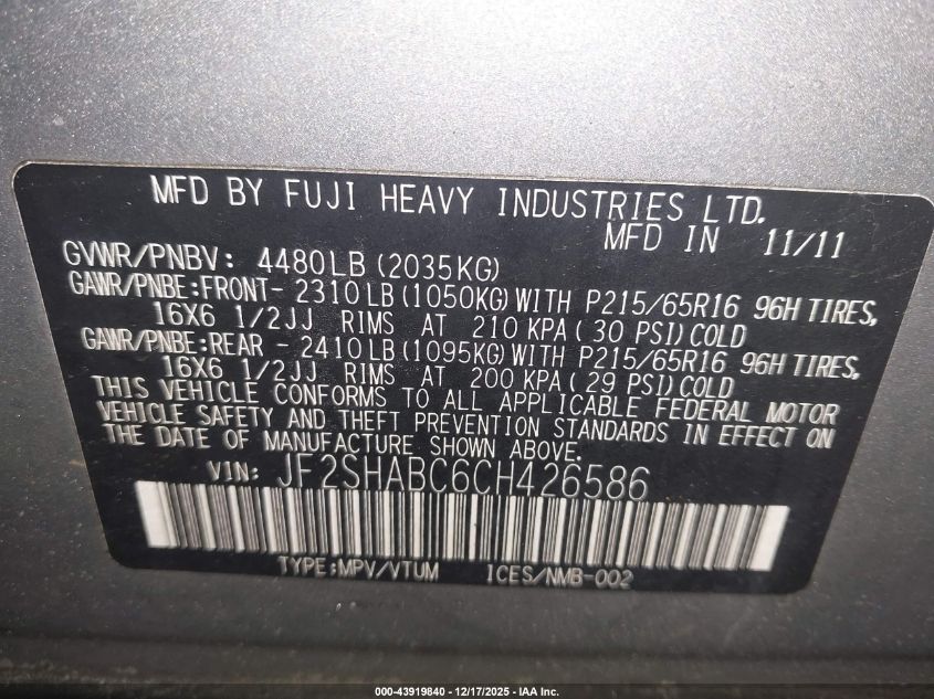 2012 Subaru Forester 2.5X VIN: JF2SHABC6CH426586 Lot: 43919840