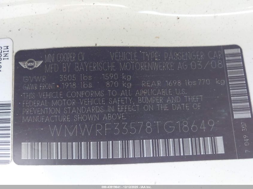 2008 Mini Cooper VIN: WMWRF33578TG18649 Lot: 43919841