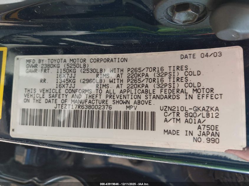 2003 Toyota 4Runner Limited V8 VIN: JTEZT17R638002376 Lot: 43919846