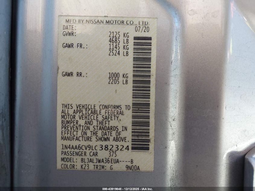 2020 Nissan Maxima Sv Xtronic Cvt VIN: 1N4AA6CV9LC382324 Lot: 43919848