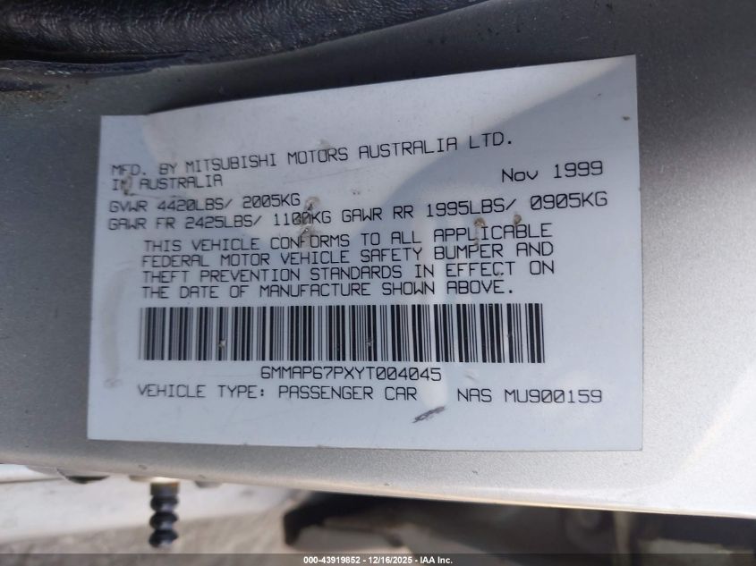 2000 Mitsubishi Diamante Ls VIN: 6MMAP67PXYT004045 Lot: 43919852