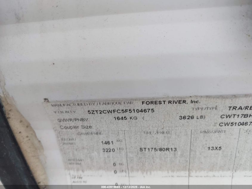 2015 Coachmen Clipper Ul VIN: 5ZT2CWFC5F5104675 Lot: 43919865