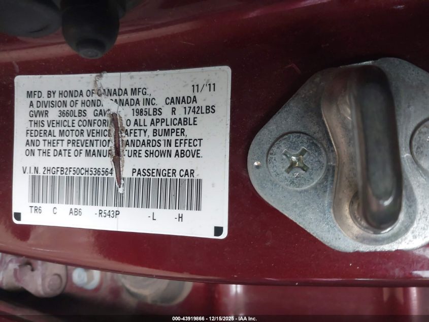 2012 Honda Civic Lx VIN: 2HGFB2F50CH536564 Lot: 43919866