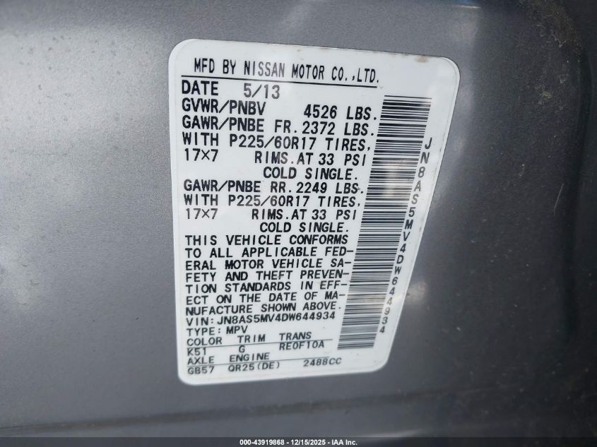 2013 Nissan Rogue Sv VIN: JN8AS5MV4DW644934 Lot: 43919868