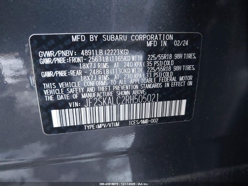 2024 Subaru Forester Limited VIN: JF2SKALC2RH505021 Lot: 43919875