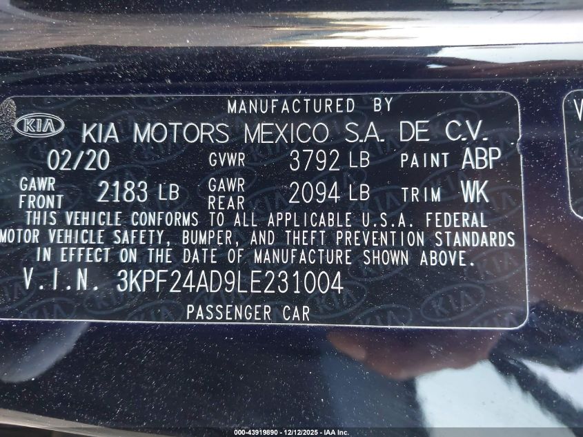 2020 Kia Forte Lxs VIN: 3KPF24AD9LE231004 Lot: 43919890