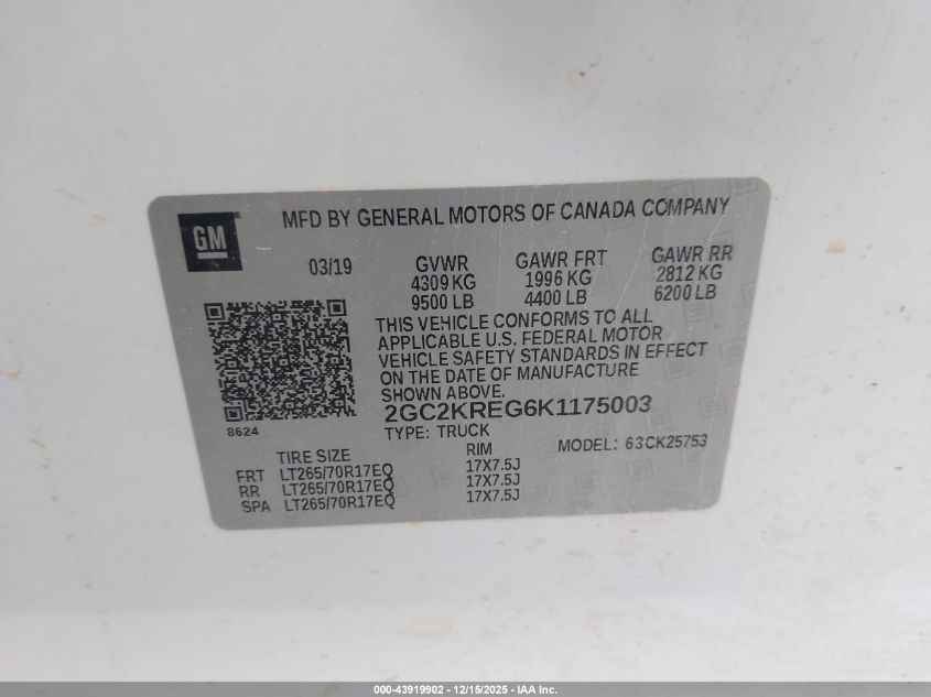 2019 Chevrolet Silverado 2500Hd Wt VIN: 2GC2KREG6K1175003 Lot: 43919902