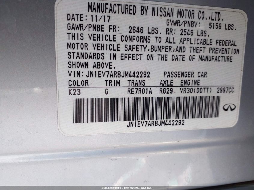 2018 Infiniti Q50 3.0T Luxe VIN: JN1EV7AR8JM442292 Lot: 43919911