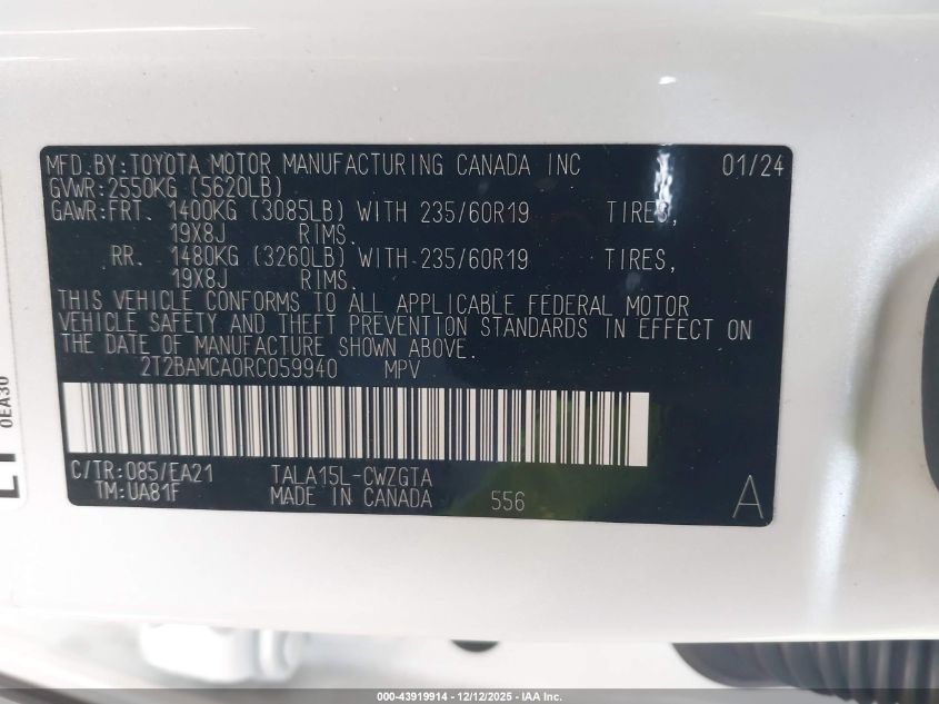 2024 Lexus Rx 350 Premium VIN: 2T2BAMCA0RC059940 Lot: 43919914