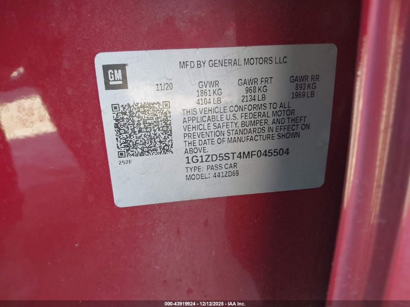 2021 Chevrolet Malibu Fwd Lt VIN: 1G1ZD5ST4MF045504 Lot: 43919924