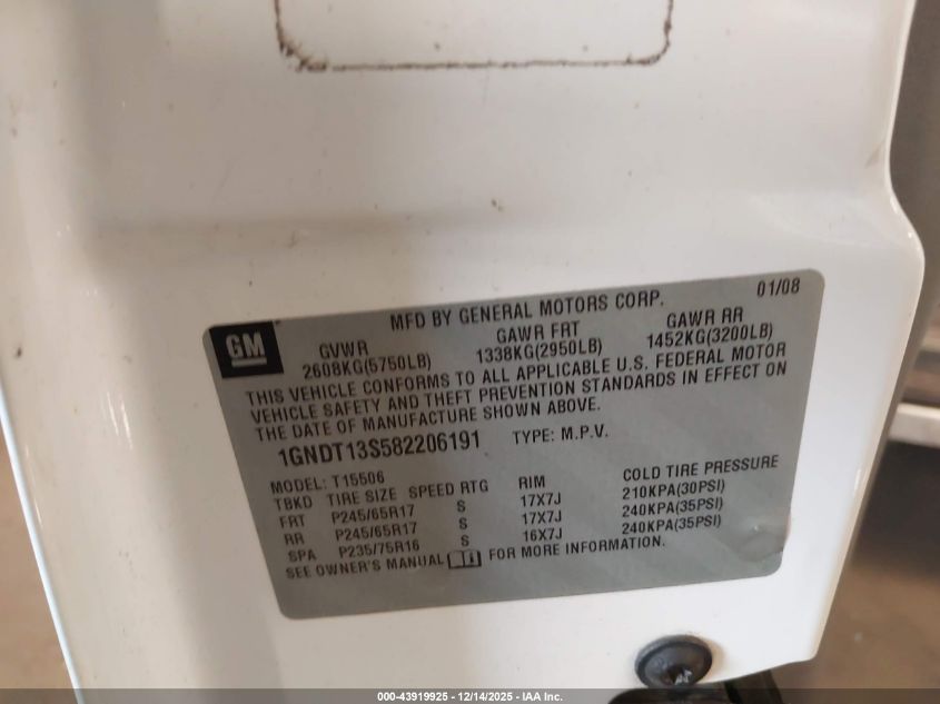 2008 Chevrolet Trailblazer Lt VIN: 1GNDT13S582206191 Lot: 43919925