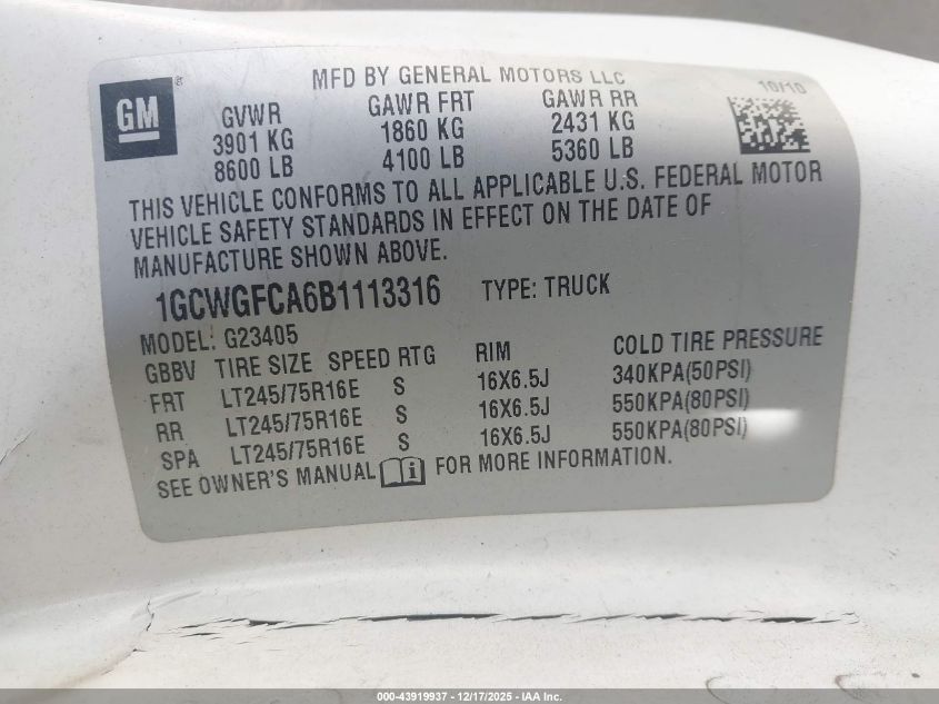 2011 Chevrolet Express 2500 Work Van VIN: 1GCWGFCA6B1113316 Lot: 43919937