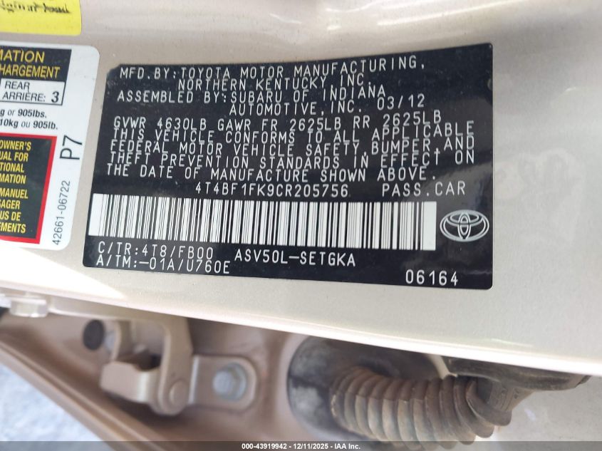 2012 Toyota Camry Xle VIN: 4T4BF1FK9CR205756 Lot: 43919942