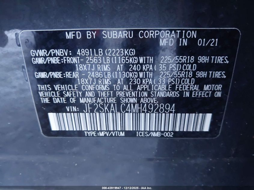 2021 Subaru Forester Sport VIN: JF2SKALC4MH492894 Lot: 43919947
