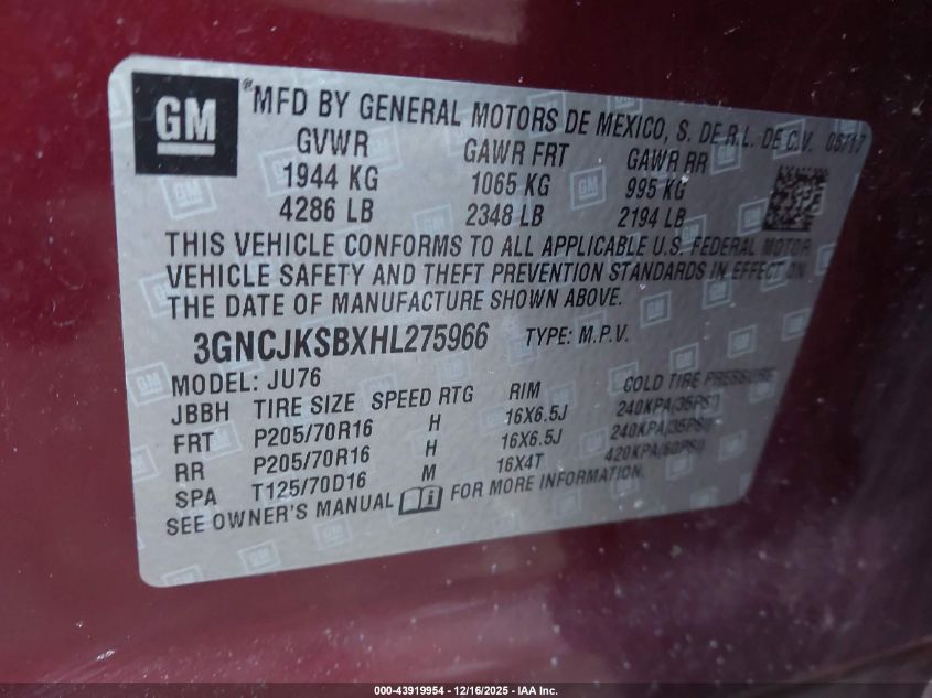 2017 Chevrolet Trax Ls VIN: 3GNCJKSBXHL275966 Lot: 43919954