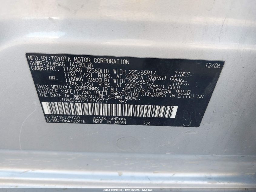 2007 Toyota Rav4 VIN: JTMZD35V275052017 Lot: 43919958