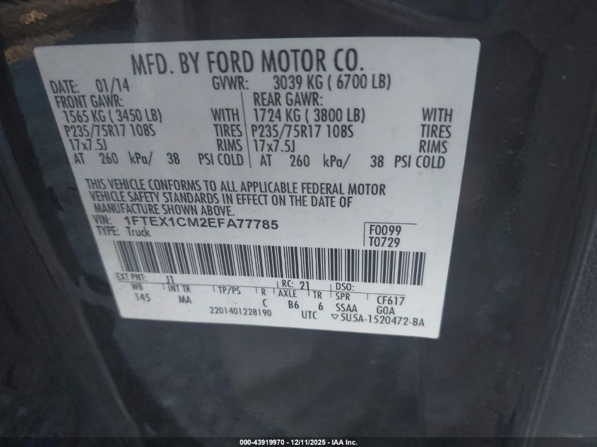 2014 Ford F-150 Xlt VIN: 1FTEX1CM2EFA77785 Lot: 43919970