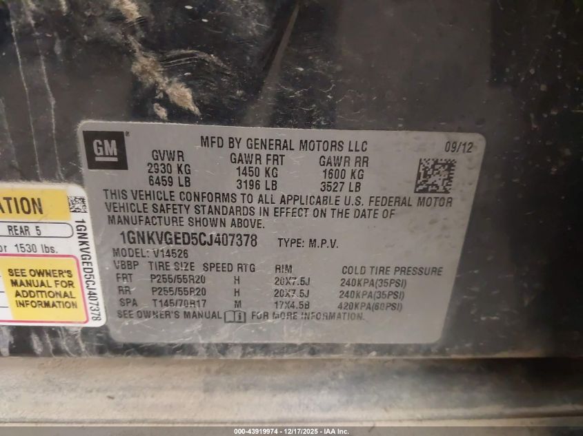 2012 Chevrolet Traverse 1Lt VIN: 1GNKVGED5CJ407378 Lot: 43919974