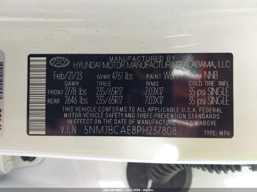 2023 Hyundai Tucson Sel VIN: 5NMJBCAE8PH237808 Lot: 43919982