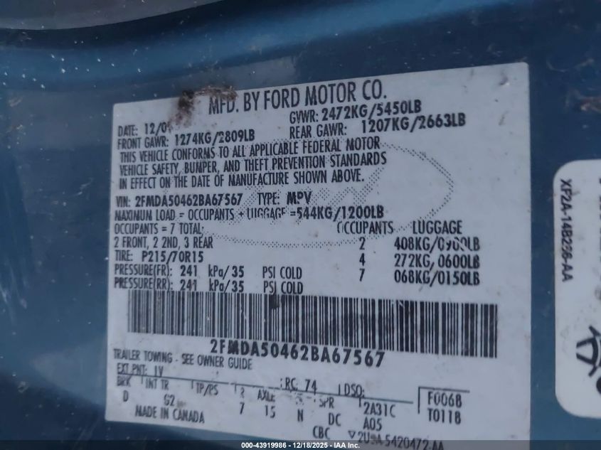 2002 Ford Windstar Lx VIN: 2FMDA50462BA67567 Lot: 43919986