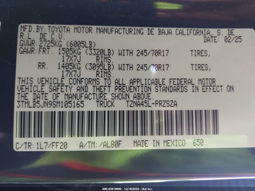 2025 Toyota Tacoma Sr5 VIN: 3TMLB5JN9SM105165 Lot: 43919990