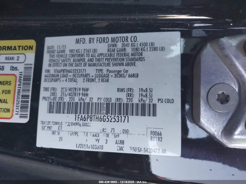 2016 Ford Mustang Ecoboost VIN: 1FA6P8TH6G5253171 Lot: 43919993