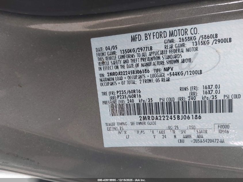 2005 Mercury Monterey Luxury VIN: 2MRDA22245BJ06186 Lot: 43919995